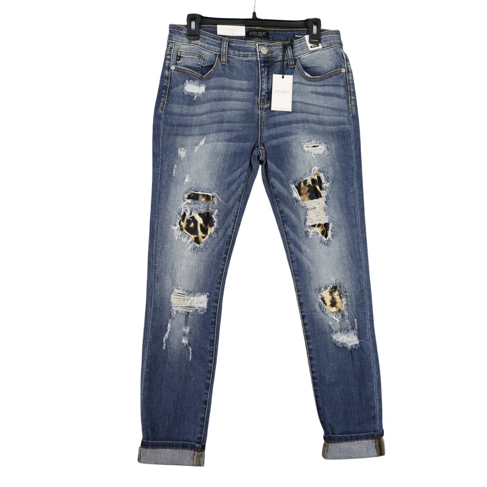 Judy Blue Mid Rise Skinny Fit Distressed Leopard Patch Jeans Womens 11 30 NWT